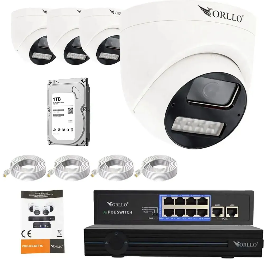Zestaw 4 Kamer Zewnętrznych Kopułkowych Dysk 1TB HDD ORLLO N-SET 4K