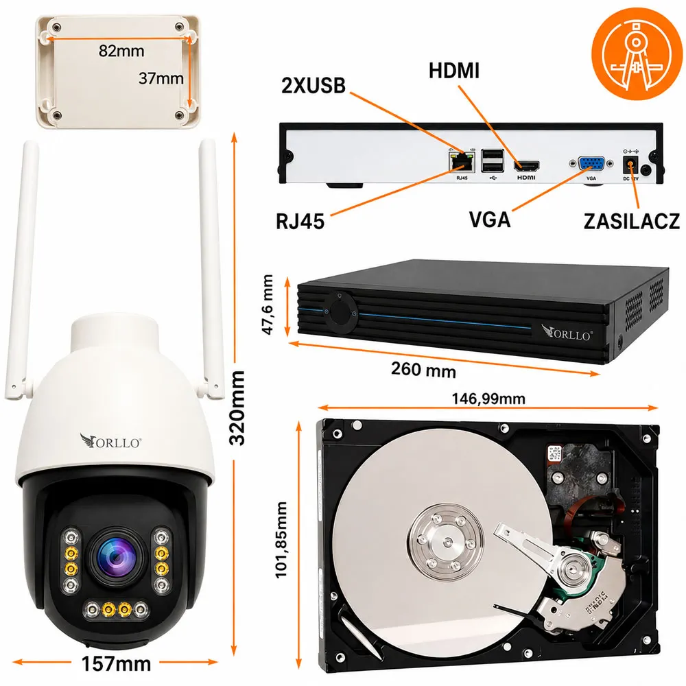 Zestaw 2x Kamera ORLLO Z9 ULTRA + Splitter PoE + Rejestrator WiFi N-NVR1 + Switch PoE SW1 + Dysk 1TB