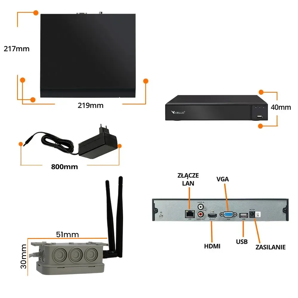 Rejestrator do Kamer Nagrywarka WiFi NVR AI WiFi ORLLO NVR1 CH9 + Adapter WiFi Vonets VM300-H