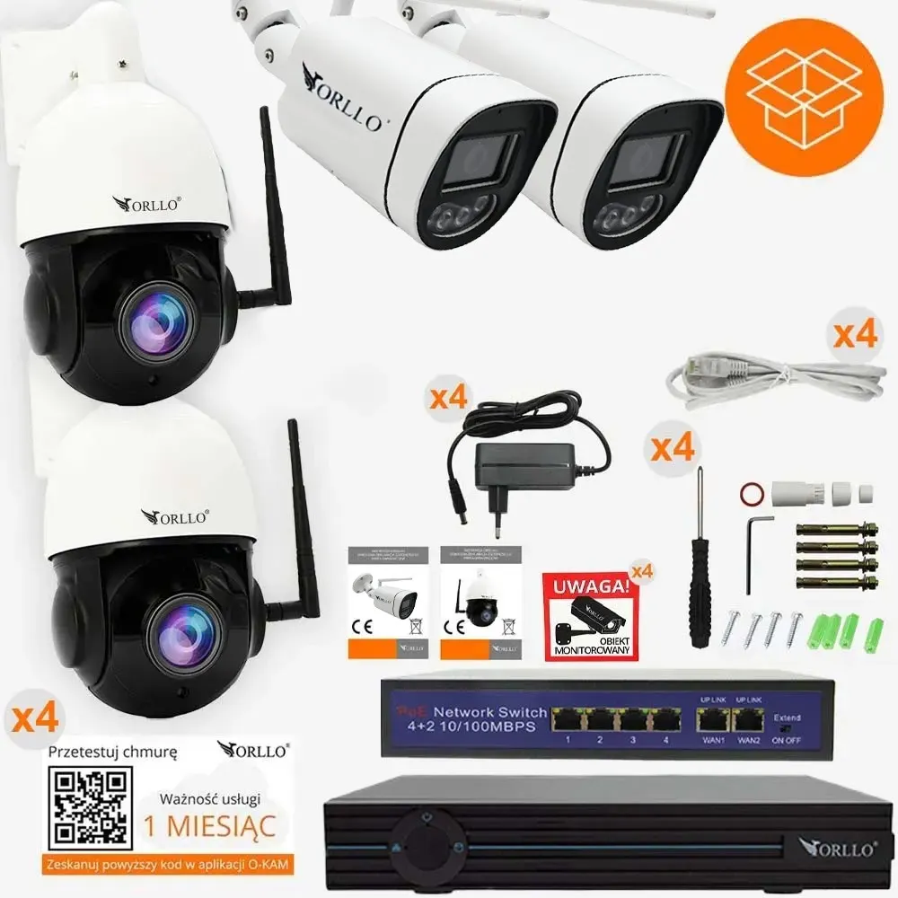 Zestaw Kamer WiFi IP PoE ORLLO 2xZ1-4K + 2xZ10 + N-NVR1 + SWITCH