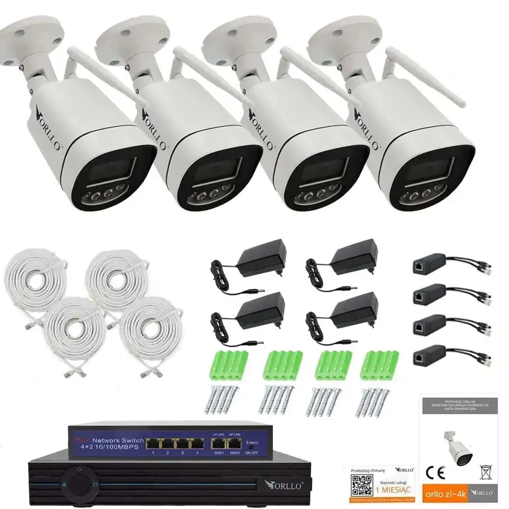 Zestaw Kamer Zewnętrznych Do Monitoringu PoE 4 Kamery 8Mpx ORLLO Z1 4K Rejestrator Switch