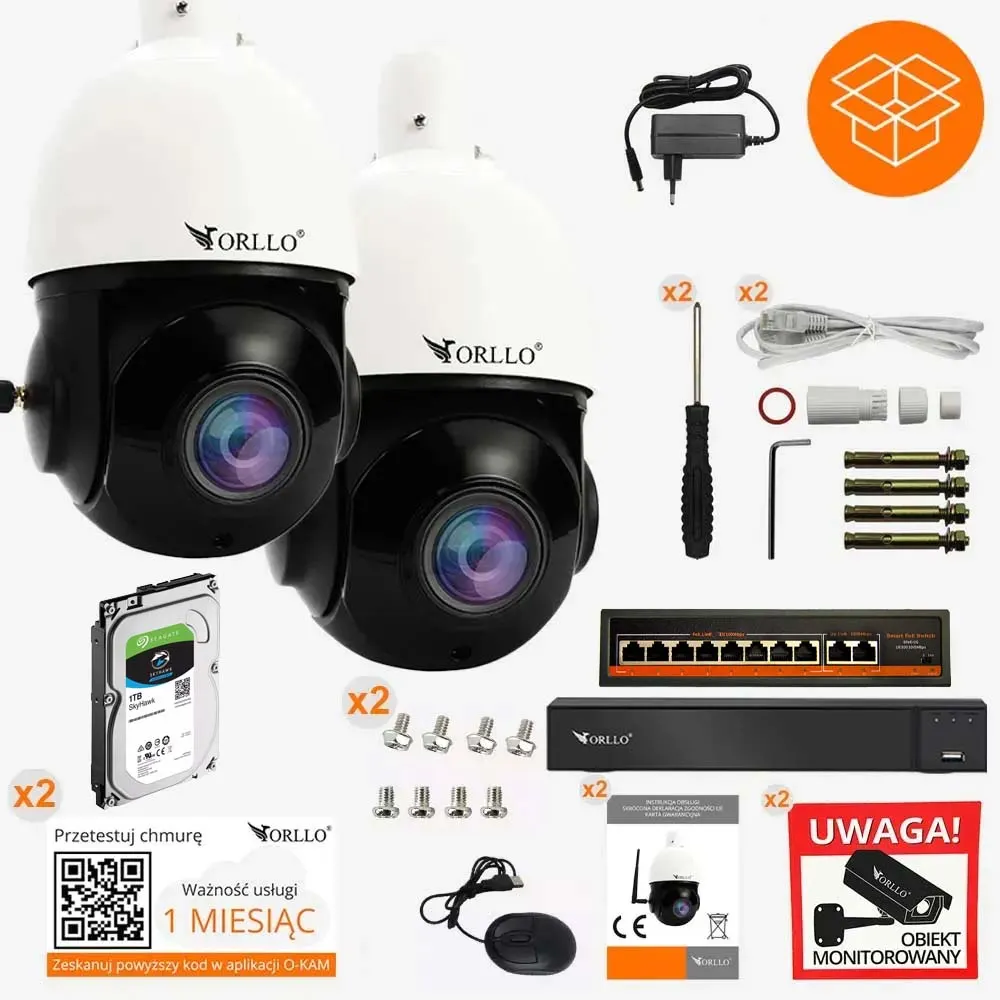 Zestaw 2 Kamer WiFi IP PoE Bezprzewodowe Obrotowe ORLLO Z10 + NVR1 + SWITCH SW2 + DYSK 1TB