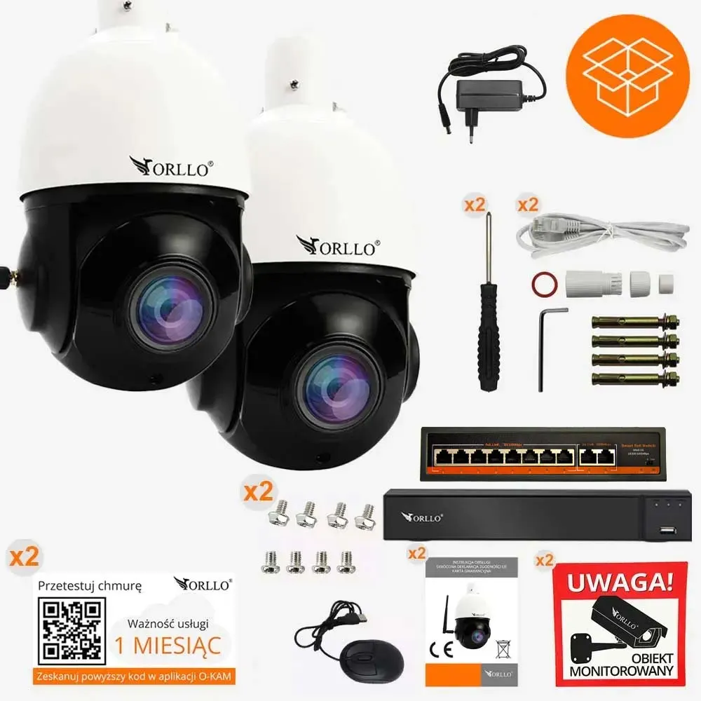 Zestaw 2 Kamer WiFi IP PoE Bezprzewodowe Obrotowe ORLLO Z10 + NVR1 + SWITCH SW2