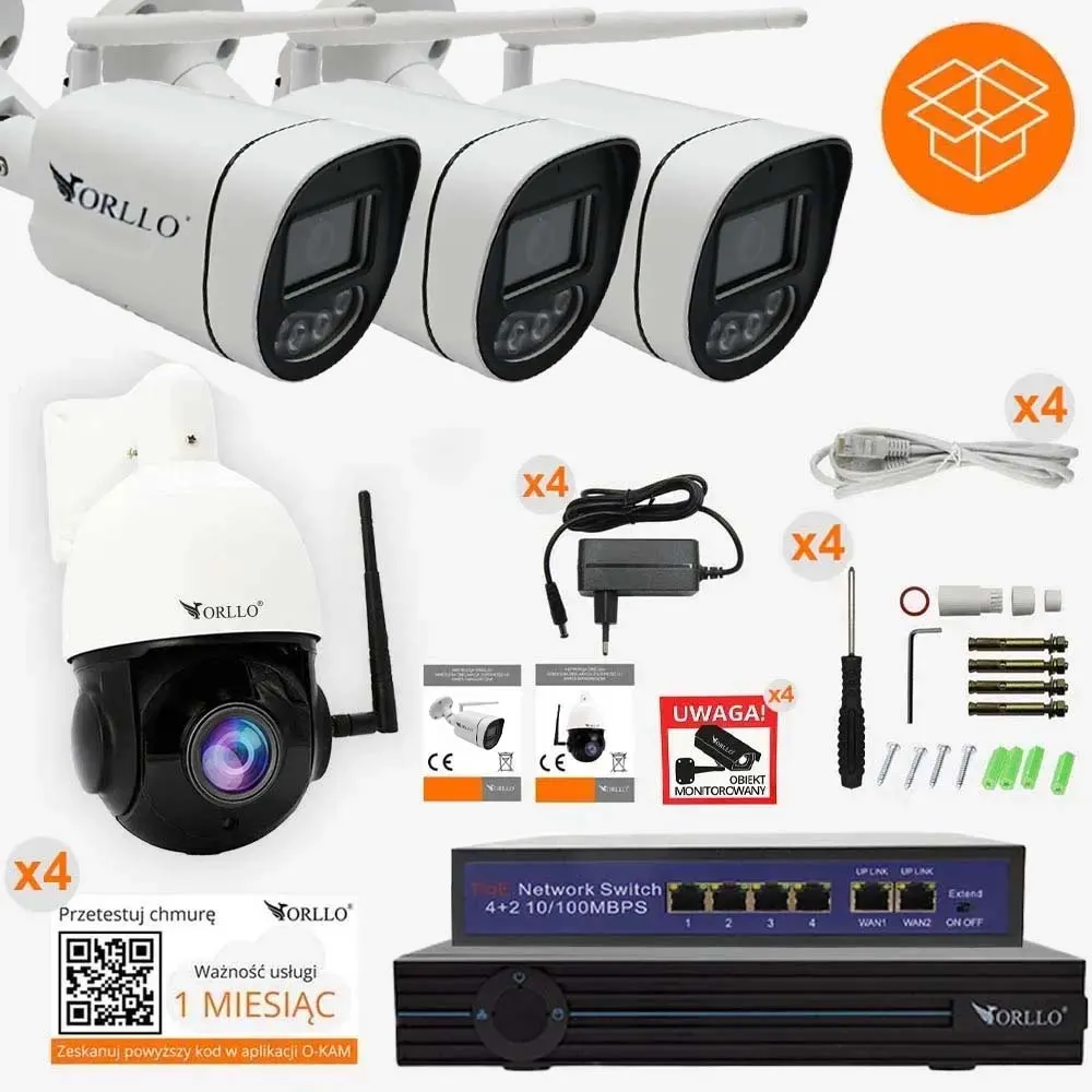 Zestaw Kamer WiFi IP PoE ORLLO 3xZ1-4K + Z10 + N-NVR1 + SWITCH