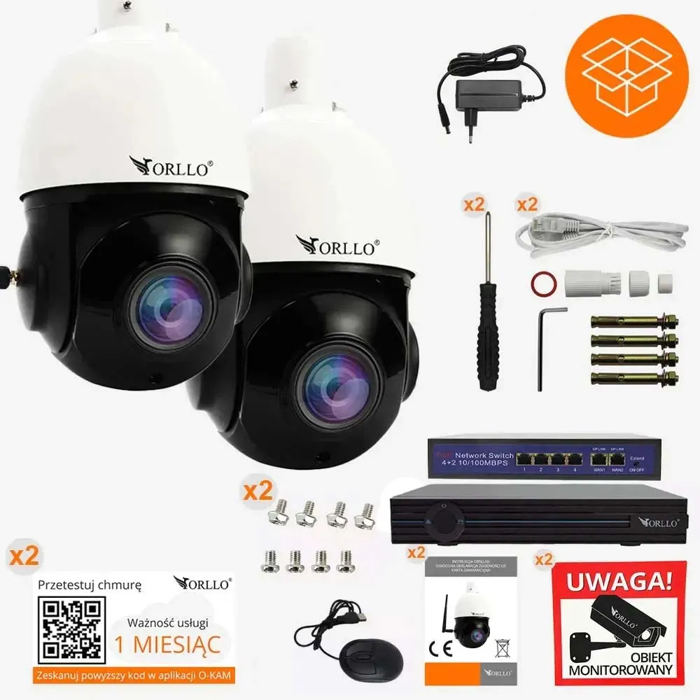 Zestaw 2 Kamer WiFi IP PoE Bezprzewodowe Obrotowe ORLLO Z10 + N-NVR1 + SWITCH SW2 + DYSK 1TB