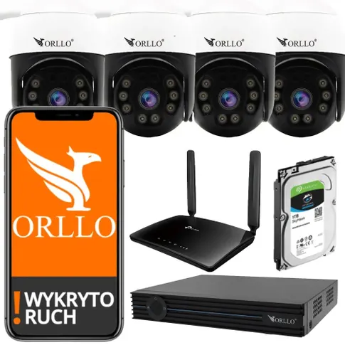 Zestaw monitoringu zewnętrznego WiFi 4K ORLLO – cztery kamery obrotowe z diodami IR i routerem WiFi orllo.pl