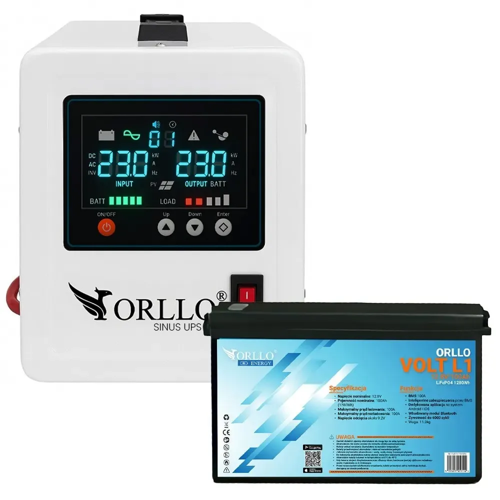 Zasilacz Awaryjny UPS ORLLO SINUS 800VA 560W AVR Akumulator LiFePO4 ORLLO VOLT L1 12V 100Ah BMS Bluetooth EVE czysta sinusoida offgrid magazyn energii stabilizacja napięcia piec komputer kamper monitoring serwerownia