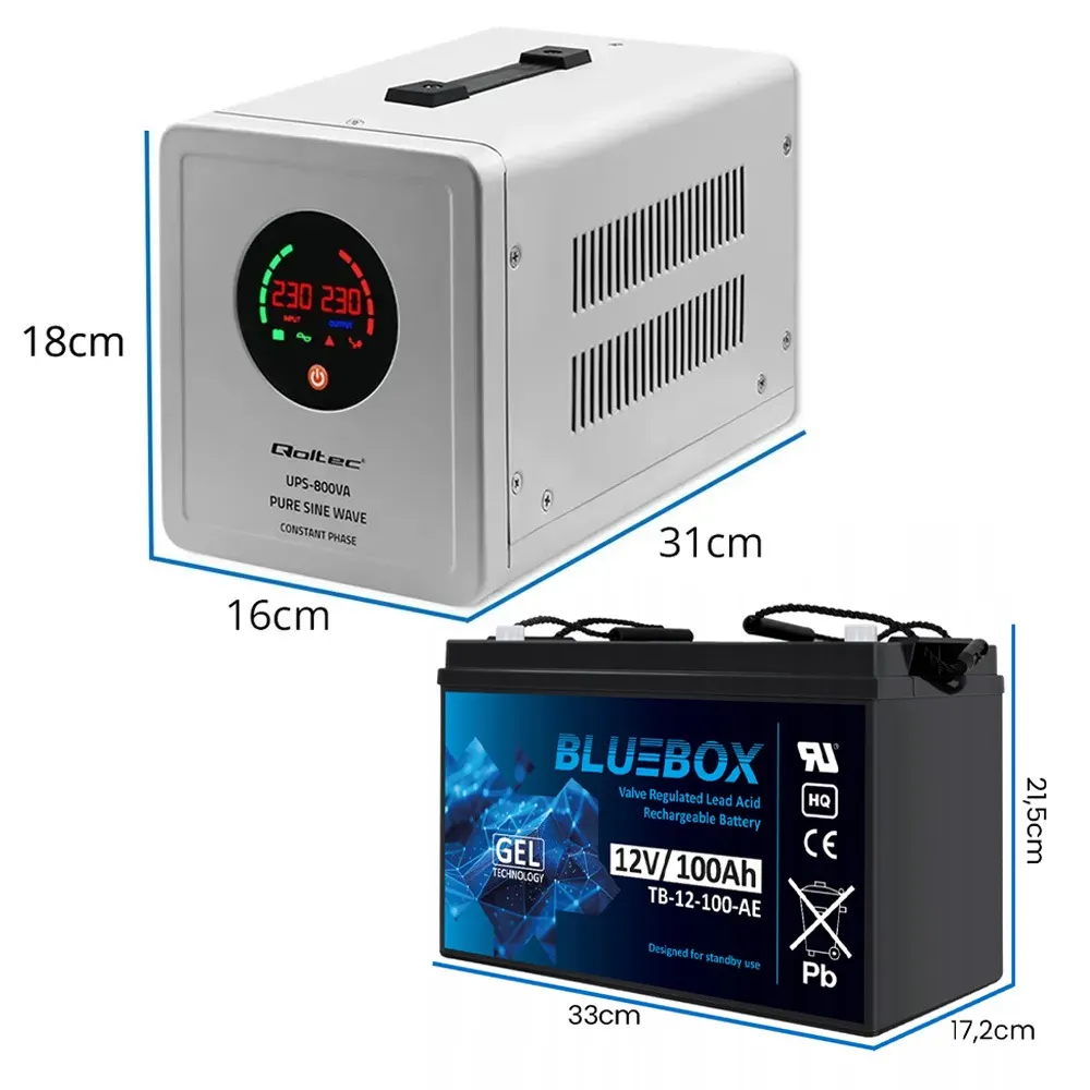 Zasilacz Awaryjny UPS Qoltec 800VA 560W AVR SF Akumulator 100Ah VRLA