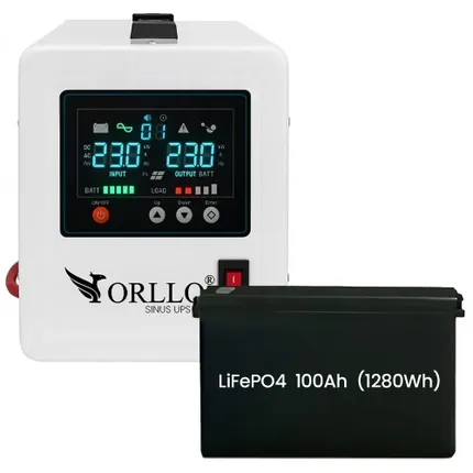 Zasilacz Awaryjny UPS ORLLO SINUS 800VA 560W AVR Akumulator LiFePO4 ORLLO VOLT L1 12V 100Ah BMS Bluetooth EVE czysta sinusoida offgrid magazyn energii stabilizacja napięcia piec komputer kamper monitoring serwerownia