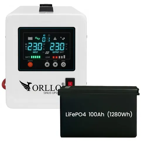 Zasilacz Awaryjny UPS ORLLO SINUS 800VA 560W AVR Akumulator LiFePO4 ORLLO VOLT L1 12V 100Ah BMS Bluetooth EVE czysta sinusoida offgrid magazyn energii stabilizacja napięcia piec komputer kamper monitoring serwerownia