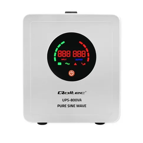 Qoltec zasilacz UPS 800VA czysta sinusoida moc ciągła 560W moc szczytowa 800W stabilizacja napięcia funkcja AVR zasilacz awaryjny dla domu biura pieców CO