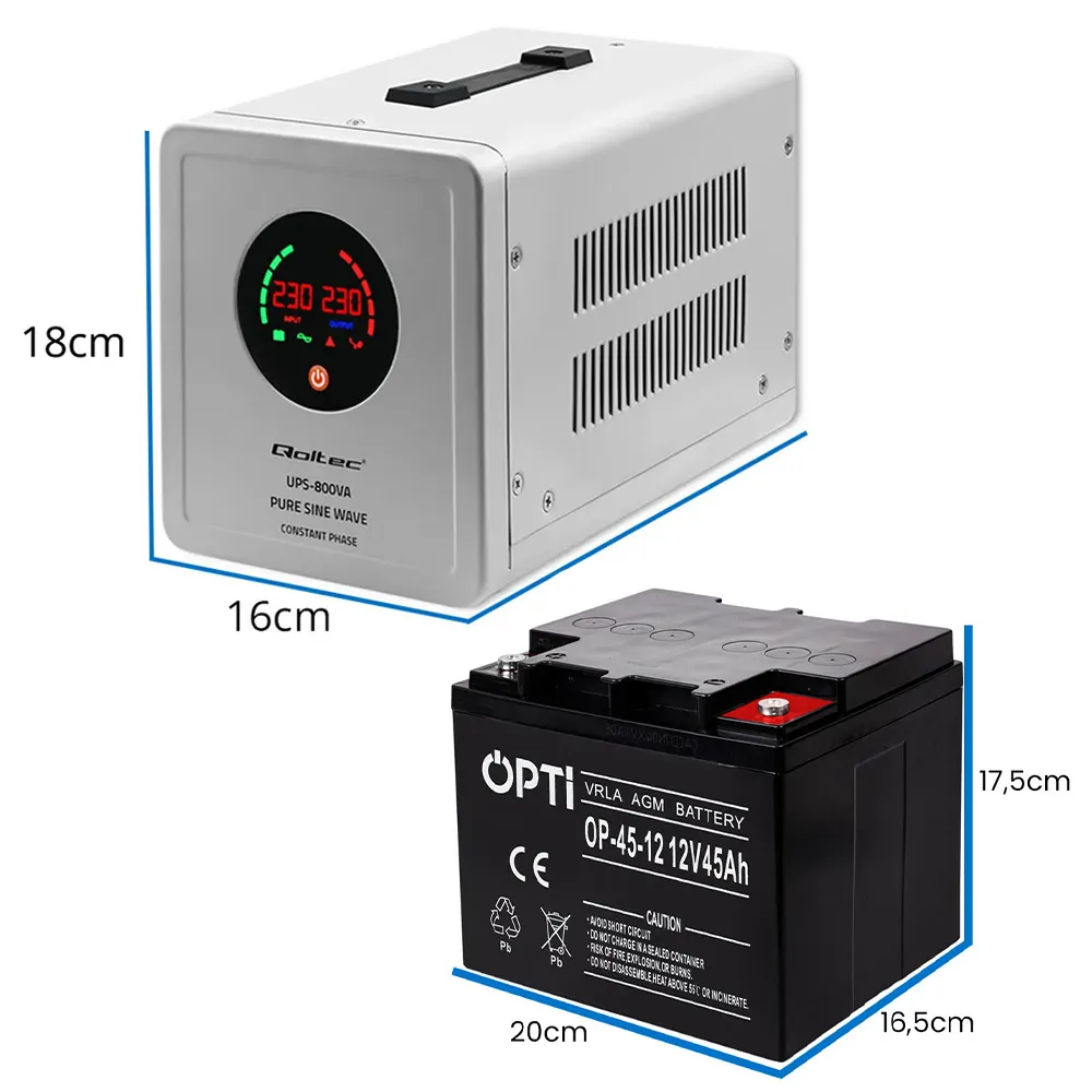 Zasilacz Awaryjny UPS Qoltec 800VA 560W AVR SF Akumulator AGM OPTI 12V 45 Ah VRLA