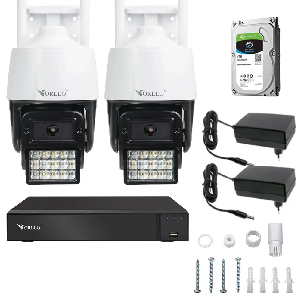 Zestaw 2 Kamer WiFi IP Zewnętrzne Obrotowe 4Mpx ORLLO N1 Dysk 1Tb Nagrywarka NVR1