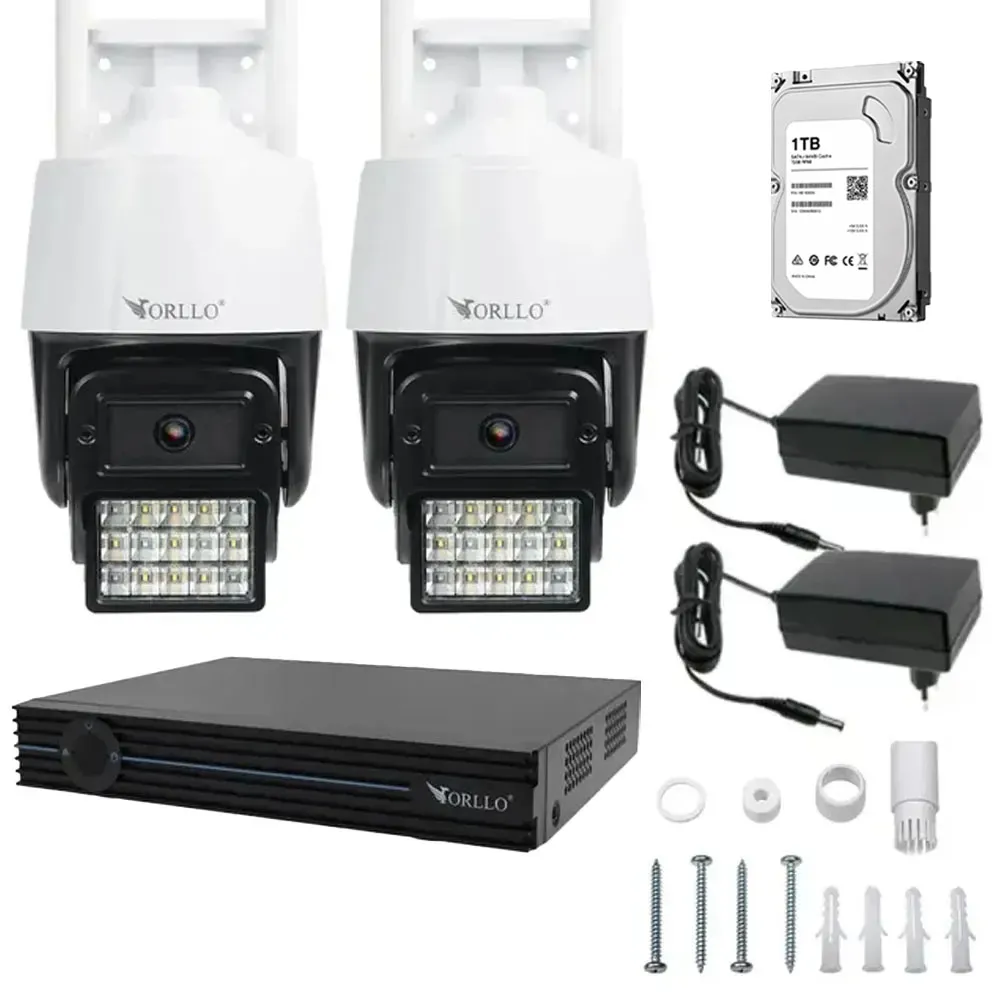 Zestaw 2 Kamer WiFi IP Zewnętrzne Obrotowe 4Mpx ORLLO N1 Dysk 1Tb Nagrywarka N-NVR1