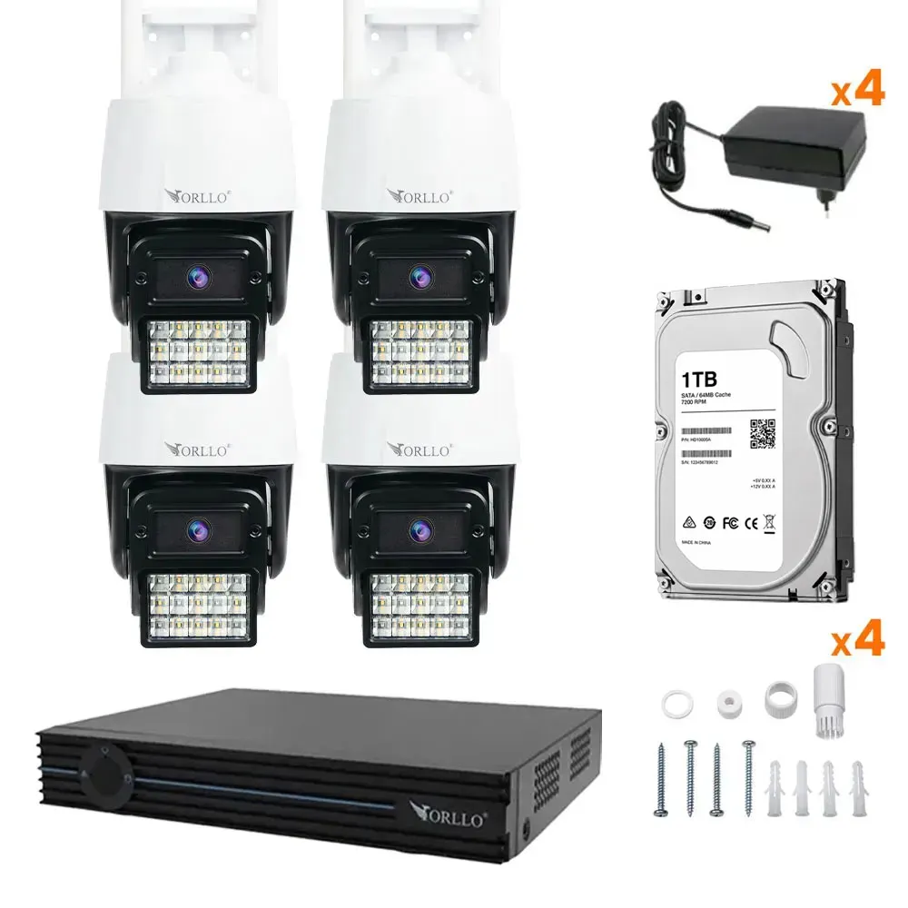 Zestaw 4 Kamer WiFi IP Zewnętrzne Obrotowe 4Mpx ORLLO N1 Nagrywarka N-NVR1 Dysk 1TB