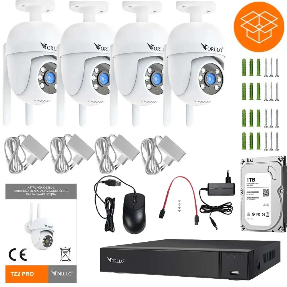 Zestaw 4 Kamer WiFi IP Zewnętrznych Obrotowych 4Mpx ORLLO TZ2 PRO + Nagrywarka NVR1 + Dysk Twardy 1TB