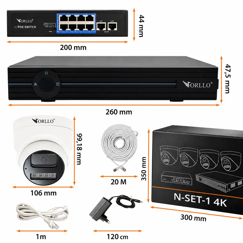 Zestaw 4 Kamer Zewnętrznych Kopułkowych Dysk 1TB HDD ORLLO N-SET 4K
