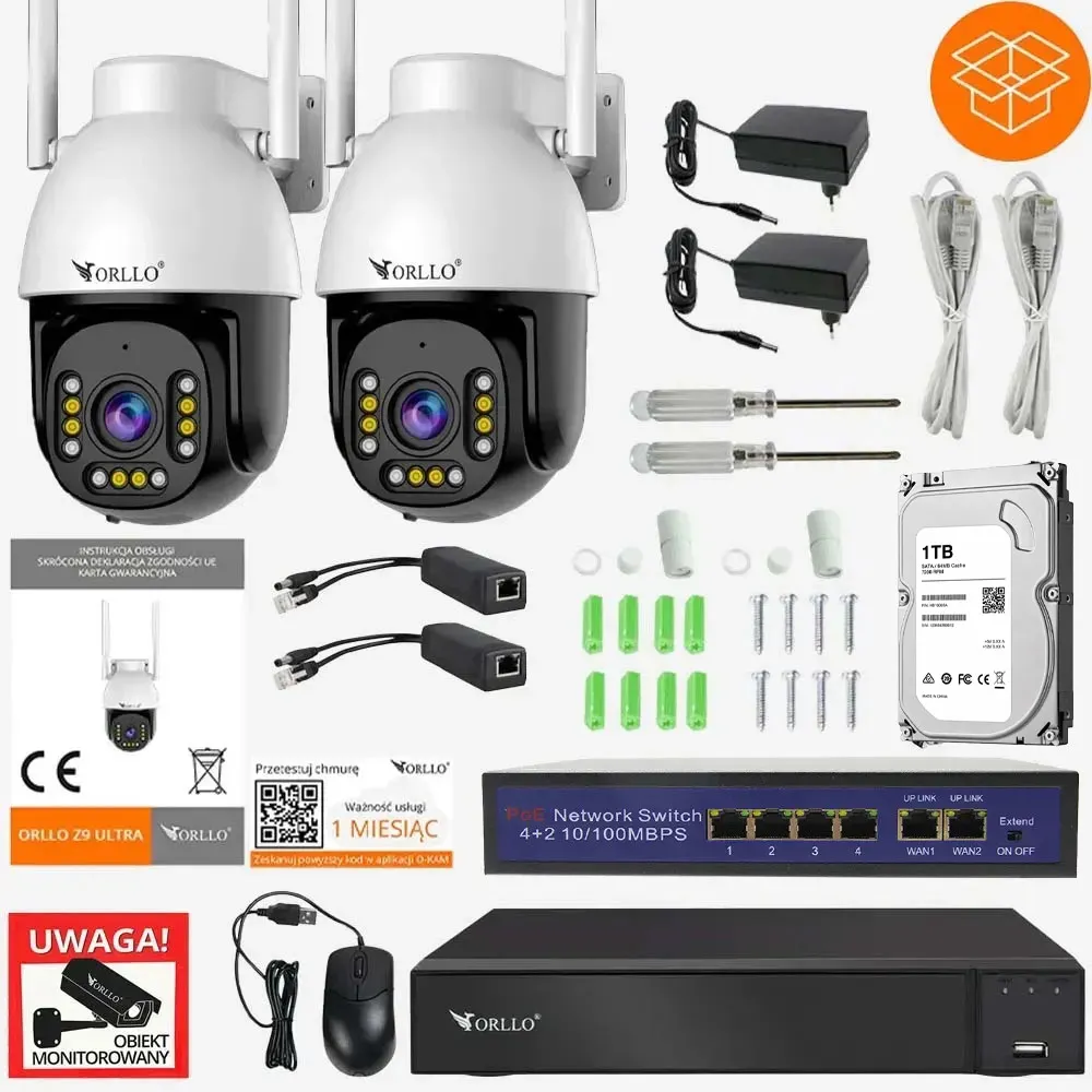 Zestaw 2x Kamera ORLLO Z9 ULTRA + Splitter PoE + Rejestrator WiFi N-NVR1 + Switch PoE SW1 + Dysk 1TB