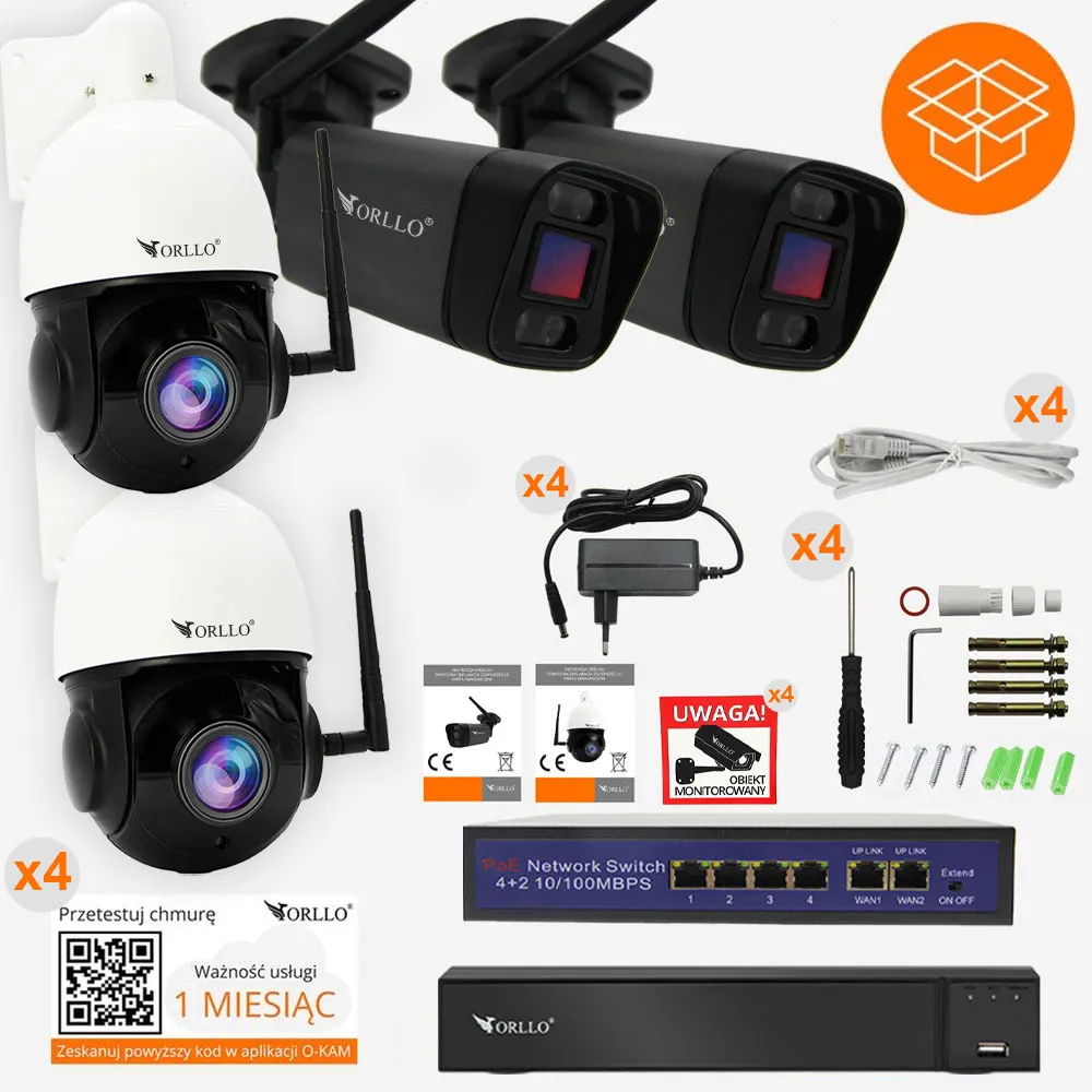 Zestaw Kamer WiFi IP PoE ORLLO 2x Z1-UV 2K + 2x Z10 + NVR + SWITCH