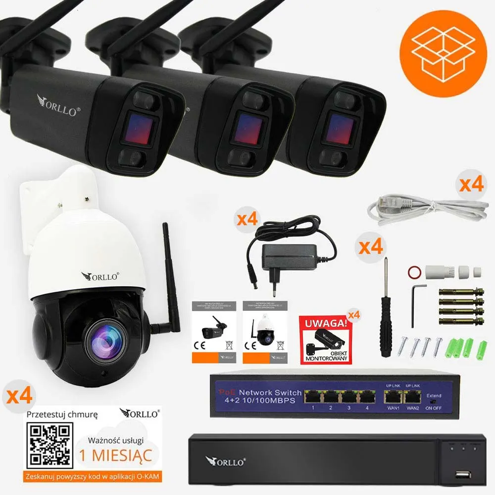 Zestaw Kamer WiFi IP PoE ORLLO 3x Z1-UV 2K + Z10 + NVR + SWITCH