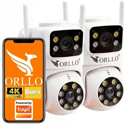 Kamera ORLLO 4K z WiFi i POE, widok z boku z podłączonym kablem. Funkcja zewnętrznego mikrofonu i głośnika, idealna do monitoringu posesji. orllo.pl