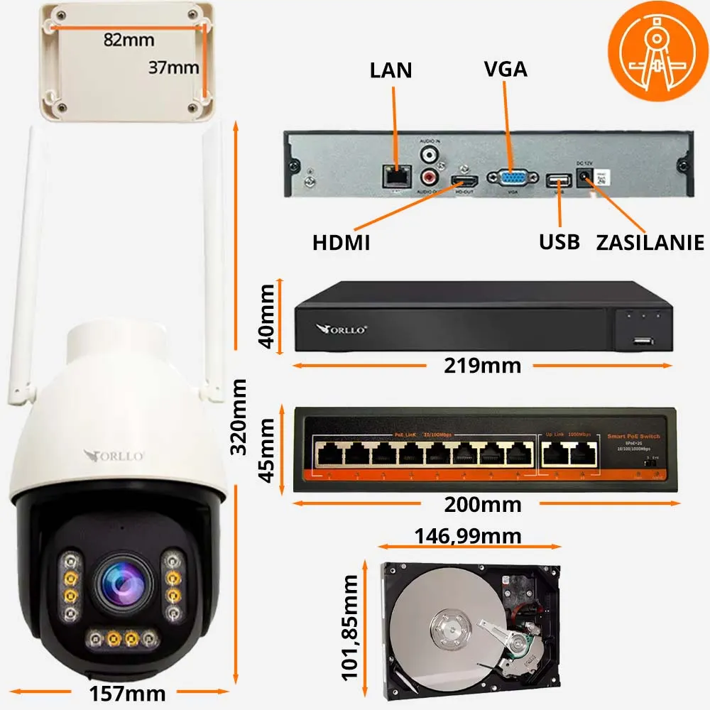 Zestaw 2x Kamera ORLLO Z9 ULTRA + Splitter PoE + Rejestrator WiFi NVR1 + Switch PoE SW2 + Dysk 1TB