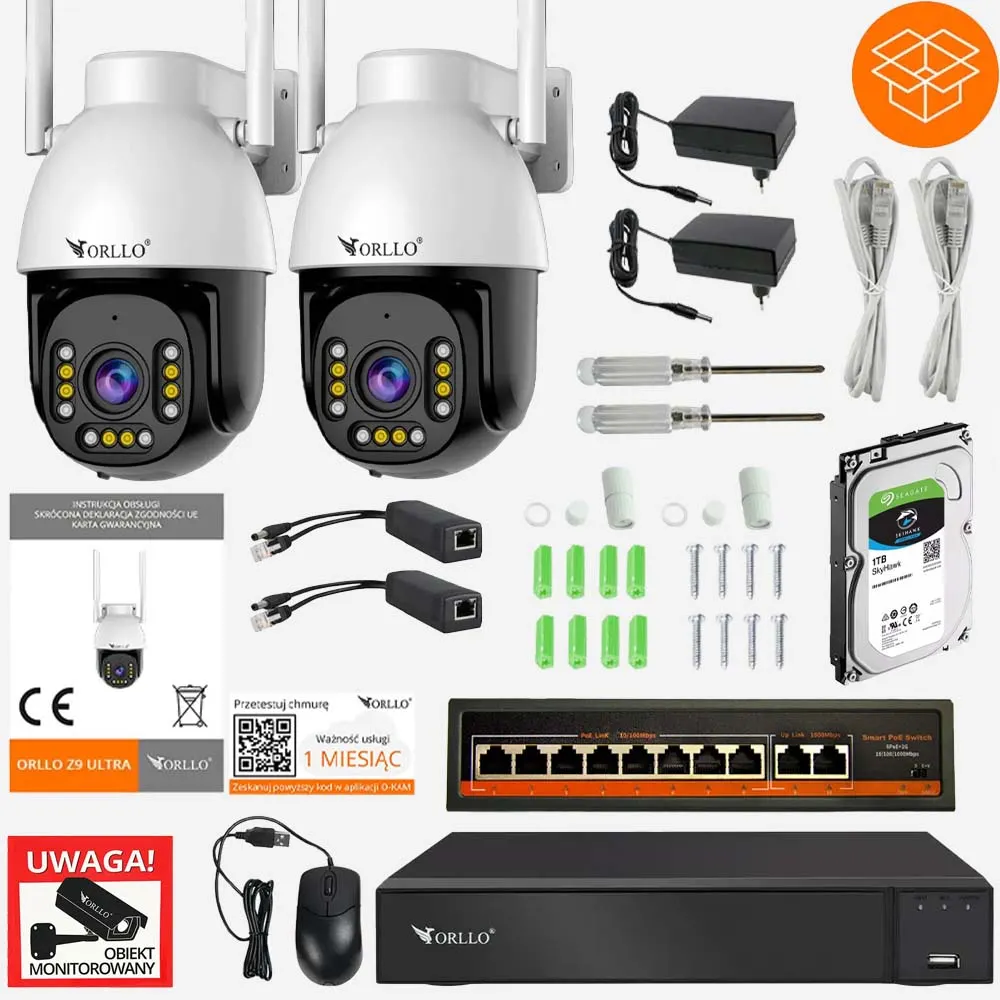 Zestaw 2x Kamera ORLLO Z9 ULTRA + Splitter PoE + Rejestrator WiFi NVR1 + Switch PoE SW2 + Dysk 1TB