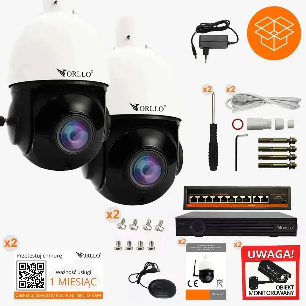 Zestaw 2 Kamer WiFi IP PoE Bezprzewodowe Obrotowe ORLLO Z10 + N-NVR1 + SWITCH SW2