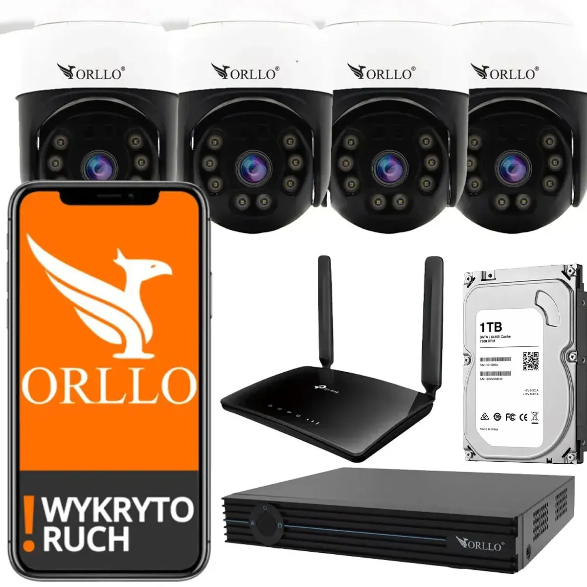 Zestaw monitoringu zewnętrznego WiFi 4K ORLLO – cztery kamery obrotowe z diodami IR i routerem WiFi orllo.pl