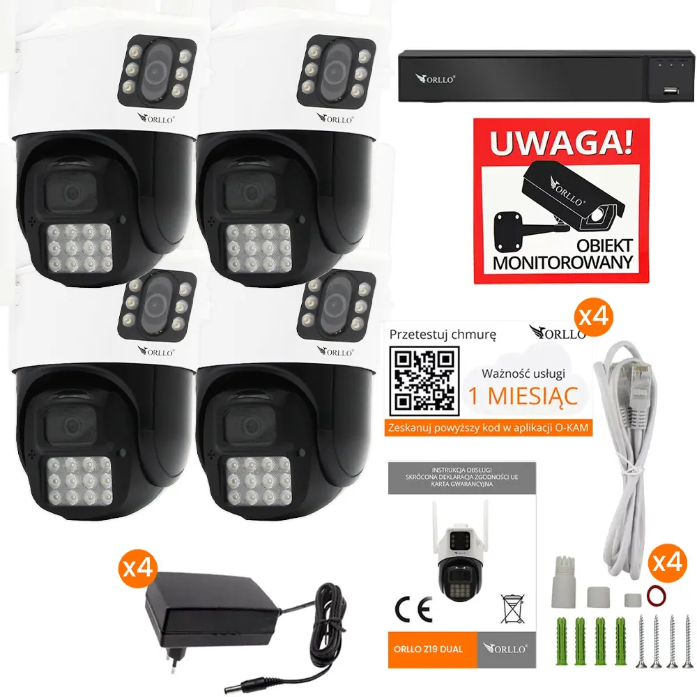 Zestaw 4 Kamer Zewnętrznych WiFi IP 8 Obiektywy ORLLO Z19 DUAL NVR