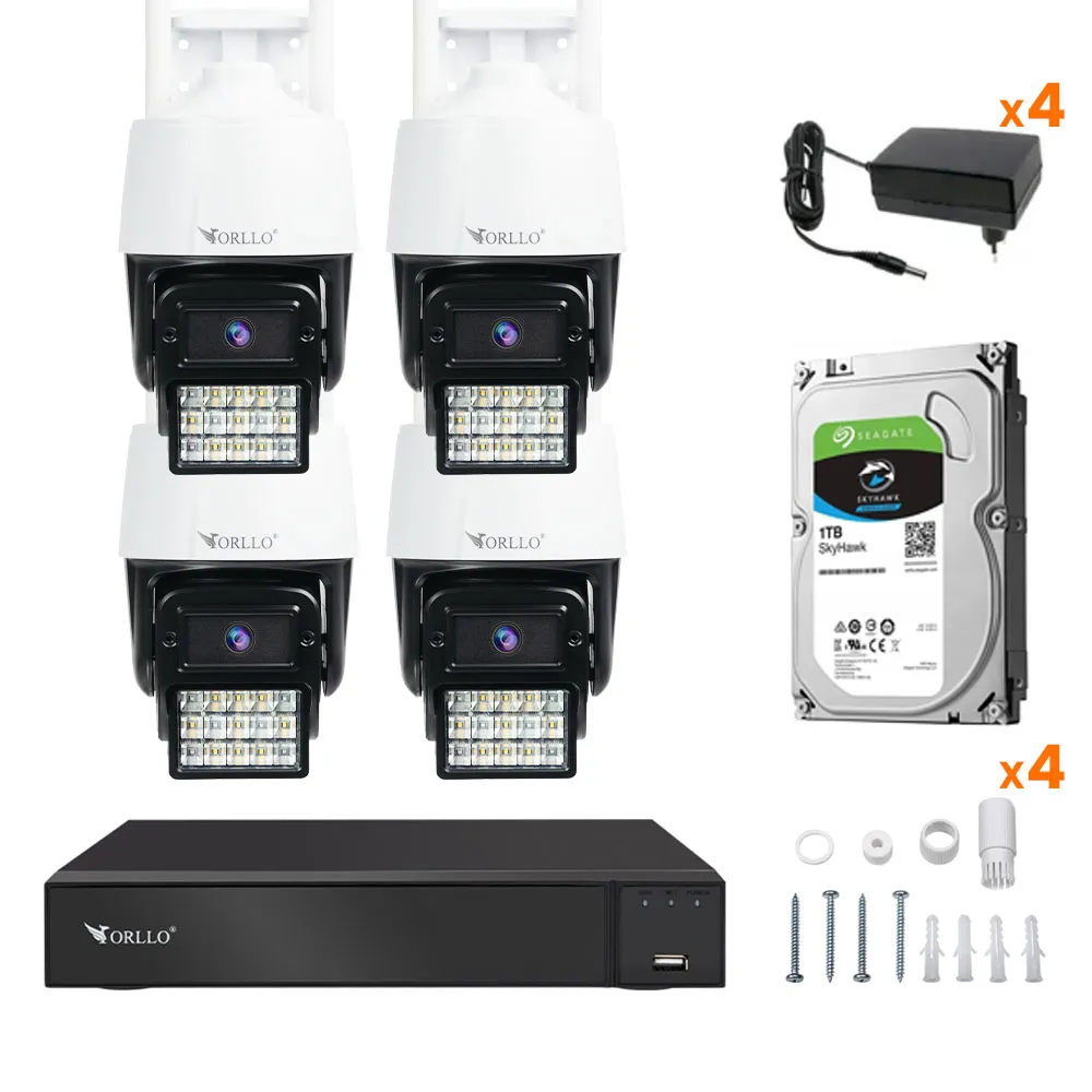 Zestaw 4 Kamer WiFi IP Zewnętrzne Obrotowe 4Mpx ORLLO N1 Nagrywarka NVR1 Dysk 1TB