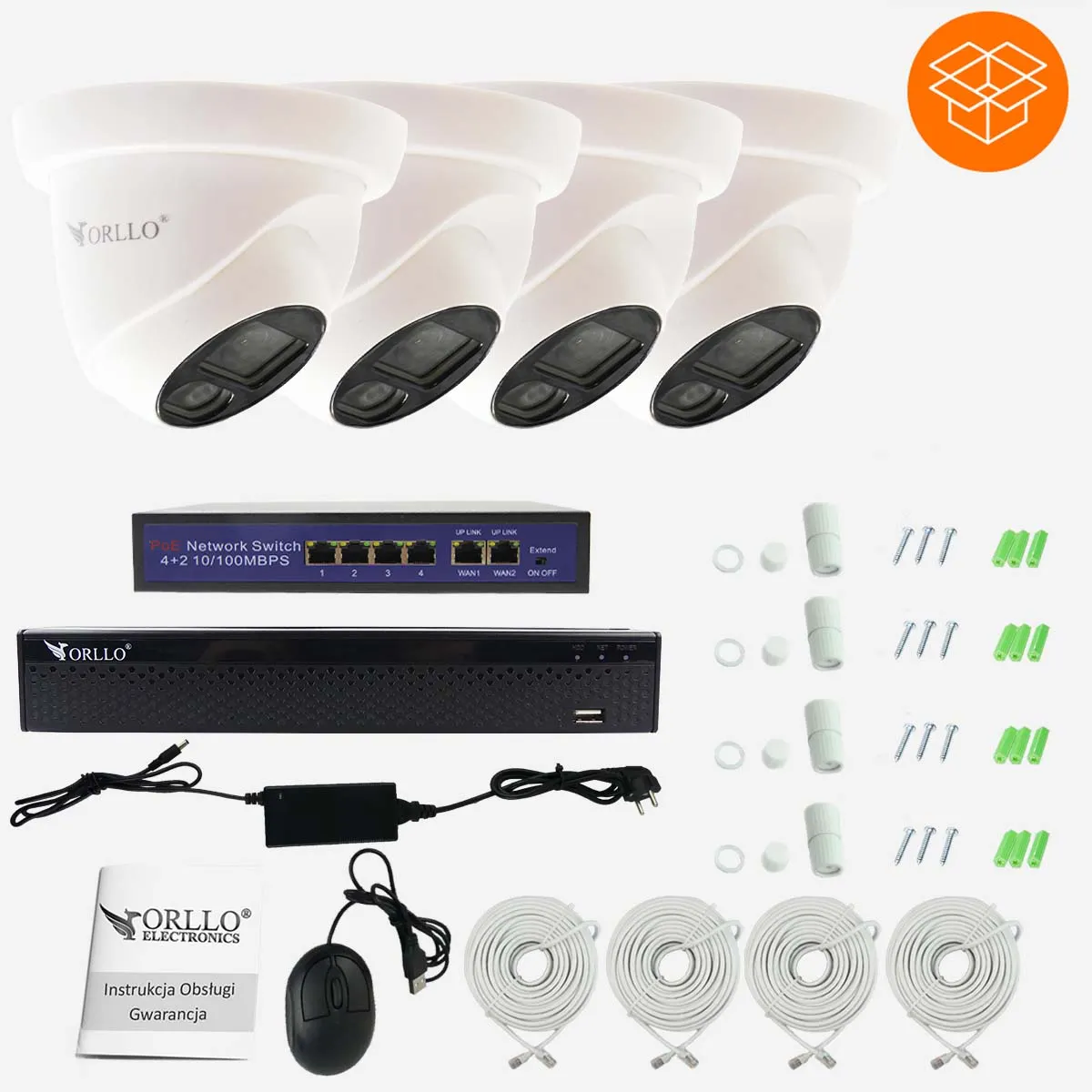 Zestaw Monitoringu 4 Kamery PoE ORLLO ECO DOME SWITCH SW1