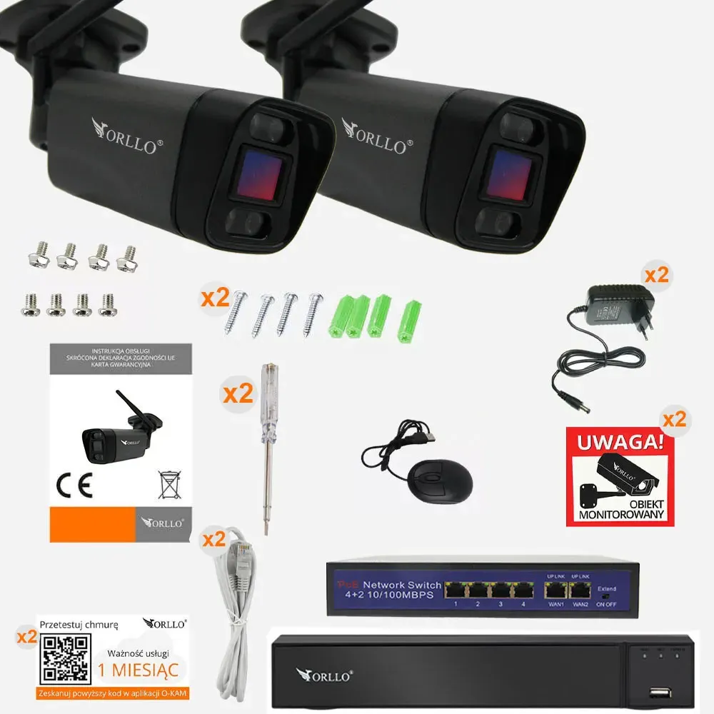 Zestaw 2 Kamer WiFi IP Zewnętrzne PoE 4 Mpx + NVR + SWITCH