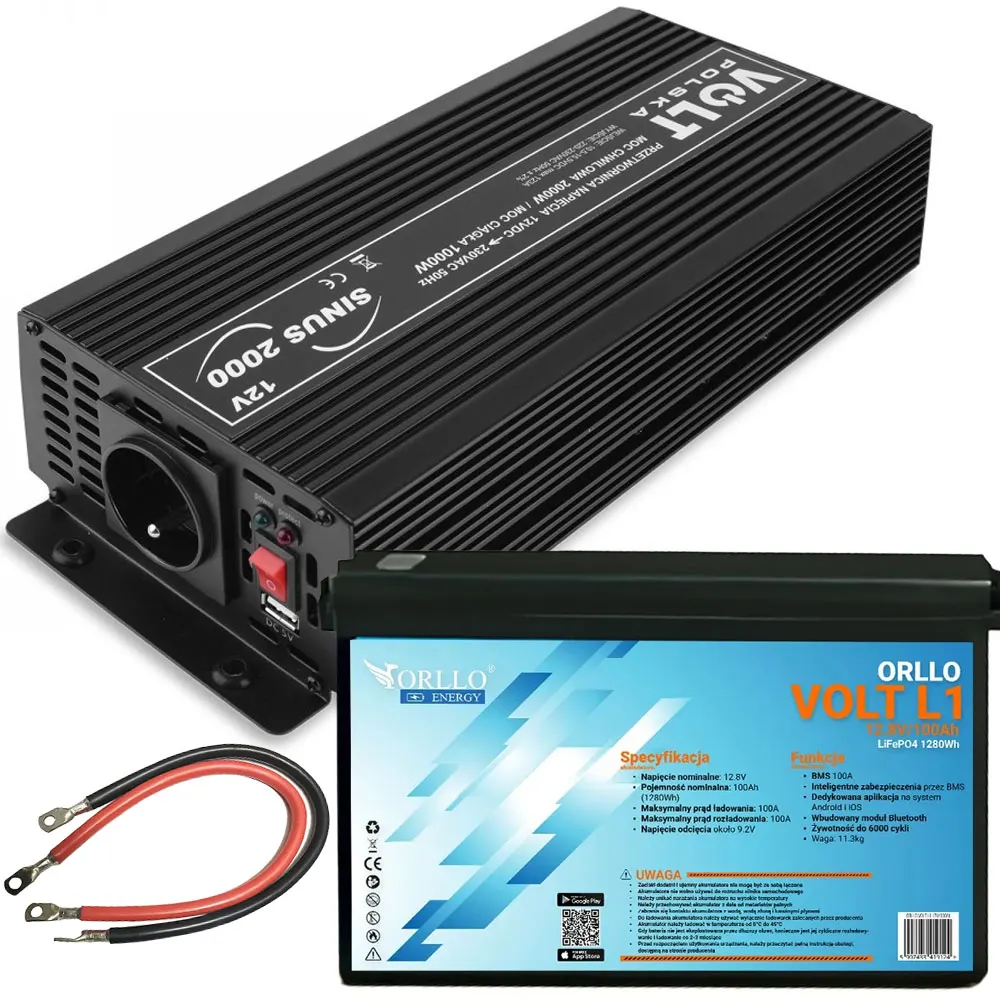 Zestaw magazyn energii ORLLO LiFePO4 12V 100Ah z przetwornicą sinus 1000W off-grid