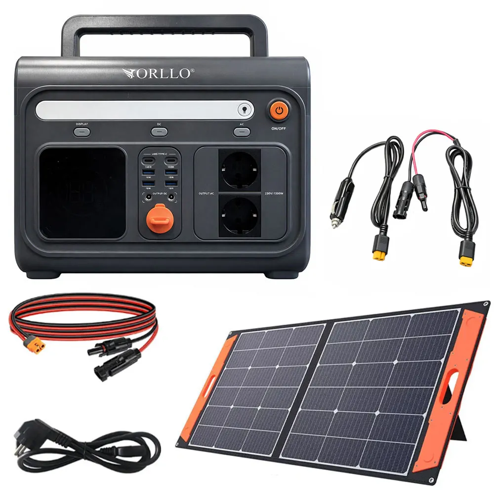 Przenośna Stacja Zasilania Magazyn Energii LIFEPO4 ORLLO 1200W/1500W ECO z Panelem Solarnym Składanym 100W