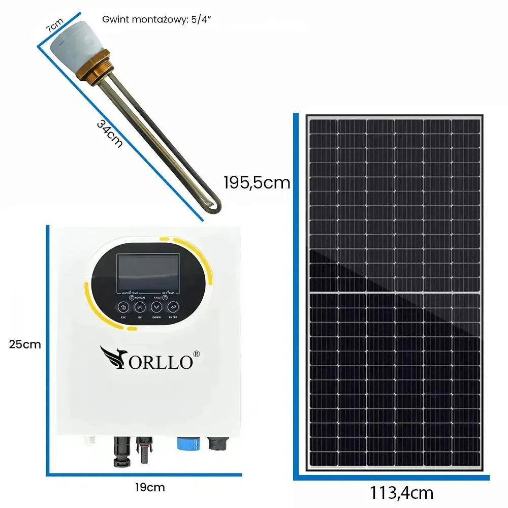 Zestaw Solarny do Grzania Wody Przetwornica Solarna ORLLO Grzałka 1500W 5/4” Panele Fotowoltaiczne SELFA 2,5KW