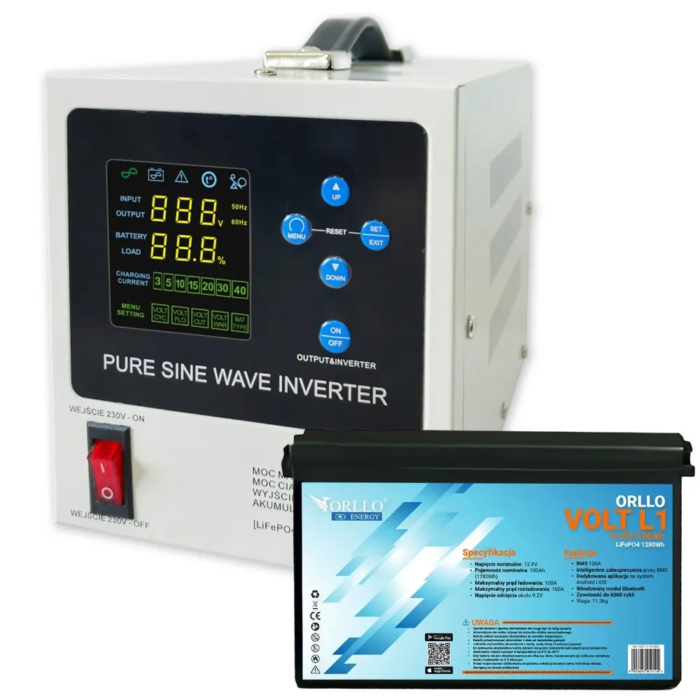 Zasilacz awaryjny UPS ORLLO SINUS 500W z akumulatorem LiFePO4 12V 100Ah Bluetooth