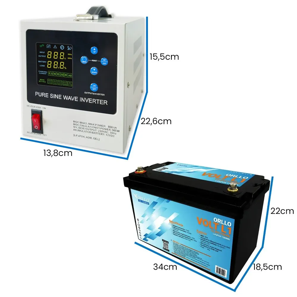 Zasilacz Awaryjny UPS SINUS 12/230V 500/850W Akumulator LiFePO4 ORLLO VOLT L1 12V 100Ah BMS Bluetooth EVE