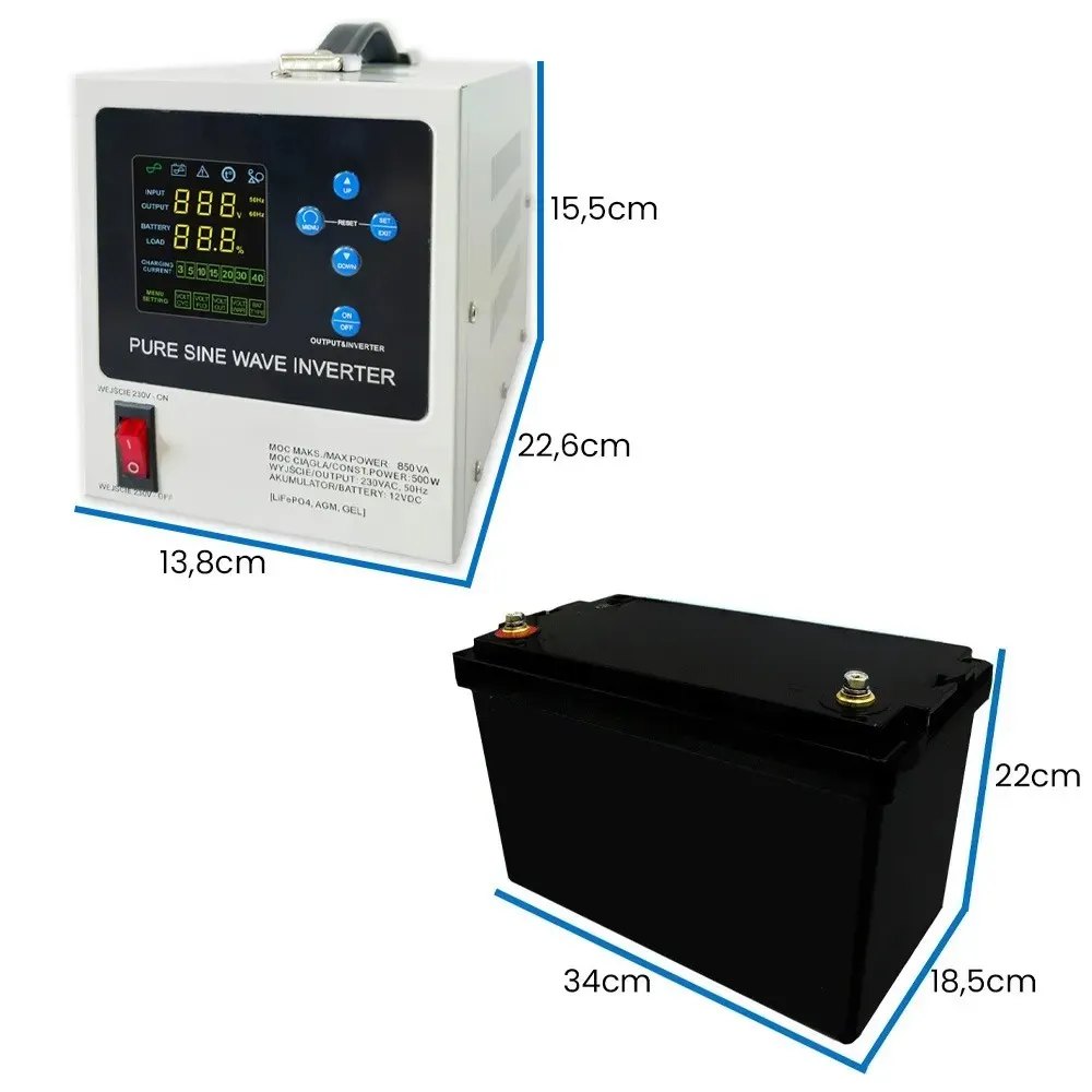 Zasilacz Awaryjny UPS SINUS 12/230V 500/850W Akumulator LiFePO4 12V 100Ah BMS Bluetooth EVE
